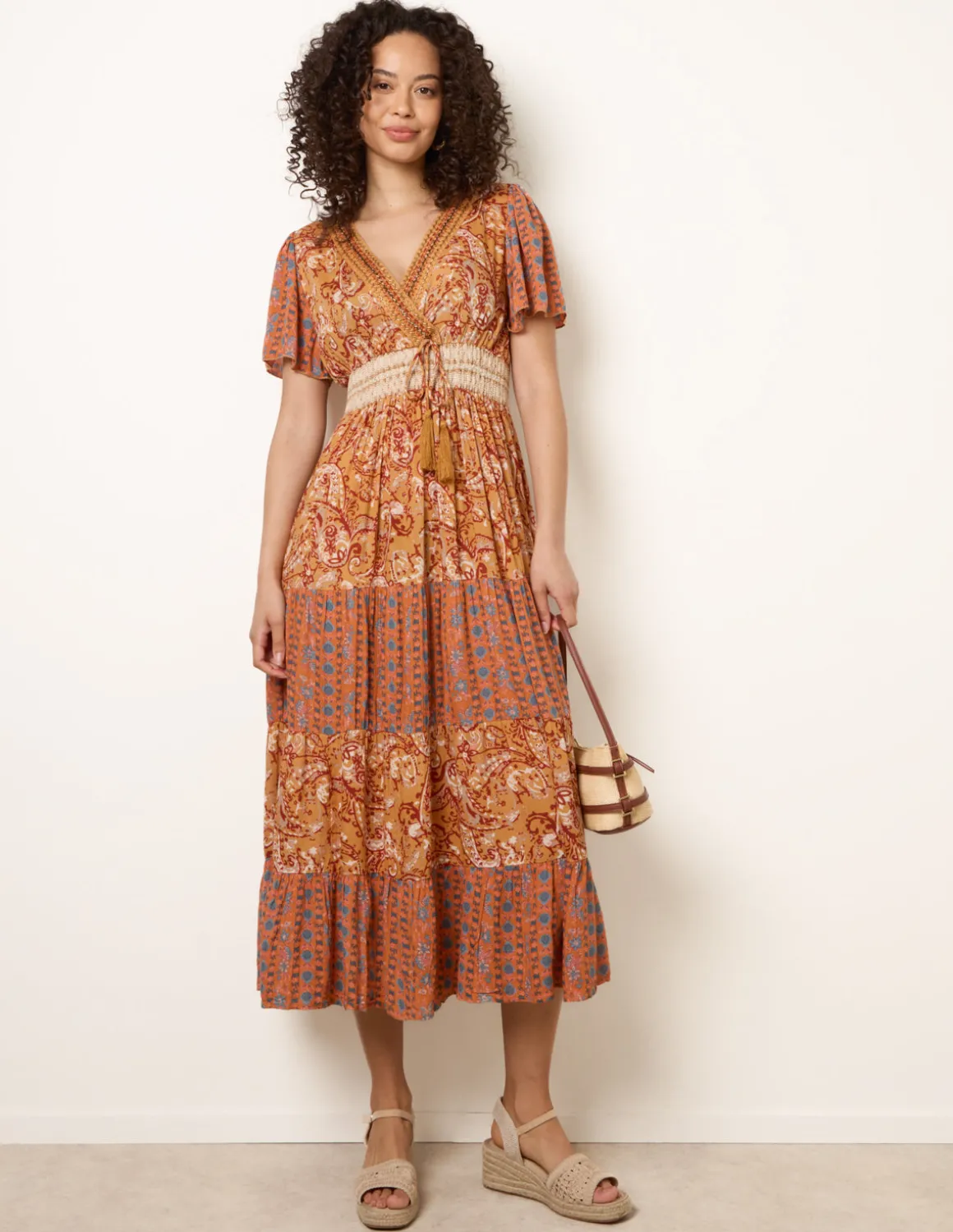 Mix Print Beaded Wrap Dress