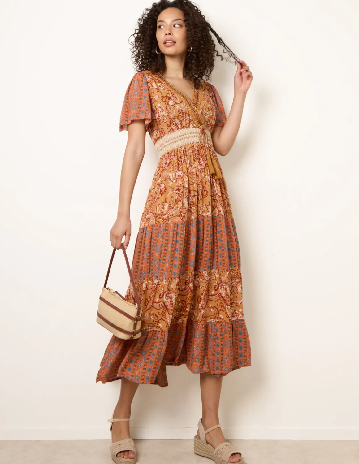 Mix Print Beaded Wrap Dress