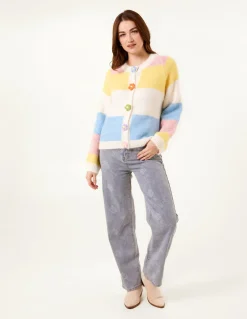 Multi Coloured Striped Cardigan With Flower Buttons