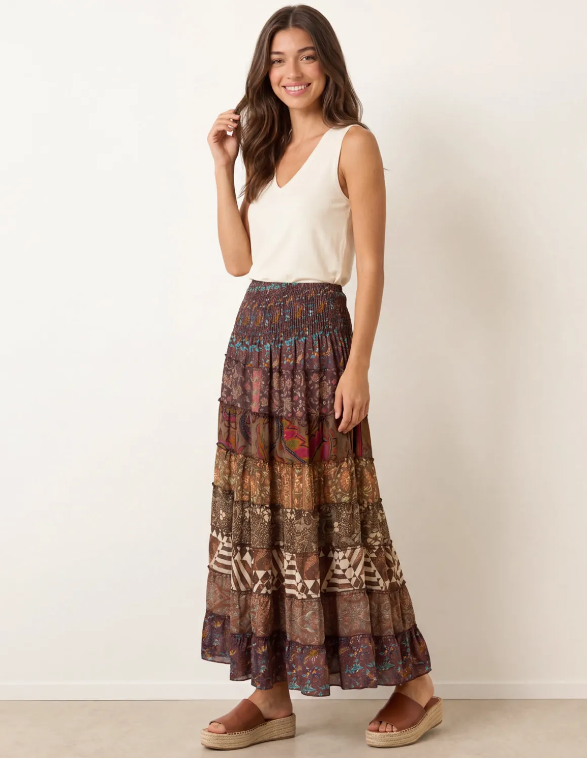 Multi Print Shirred Skirt