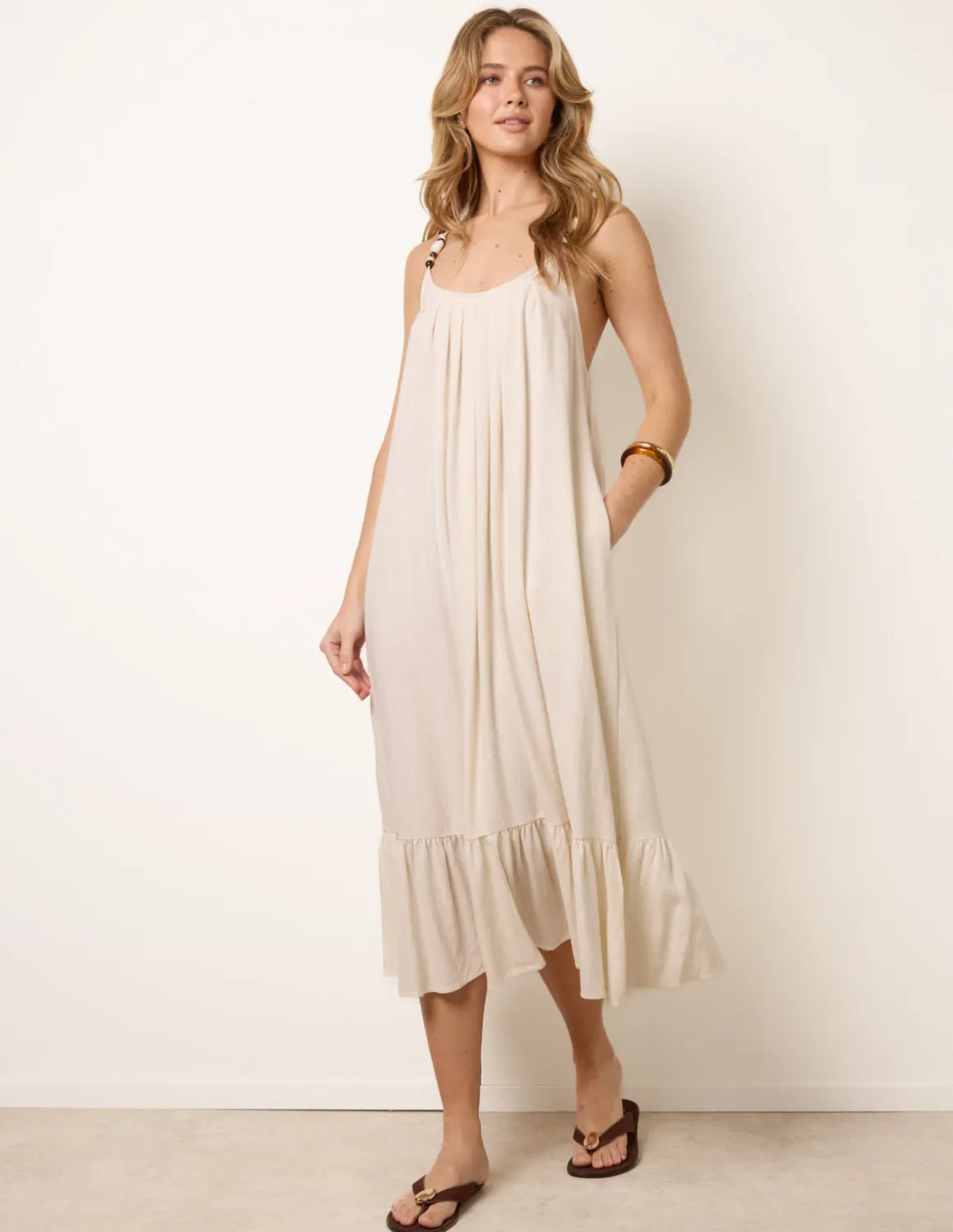 Natural Textured Dress With Bead Details