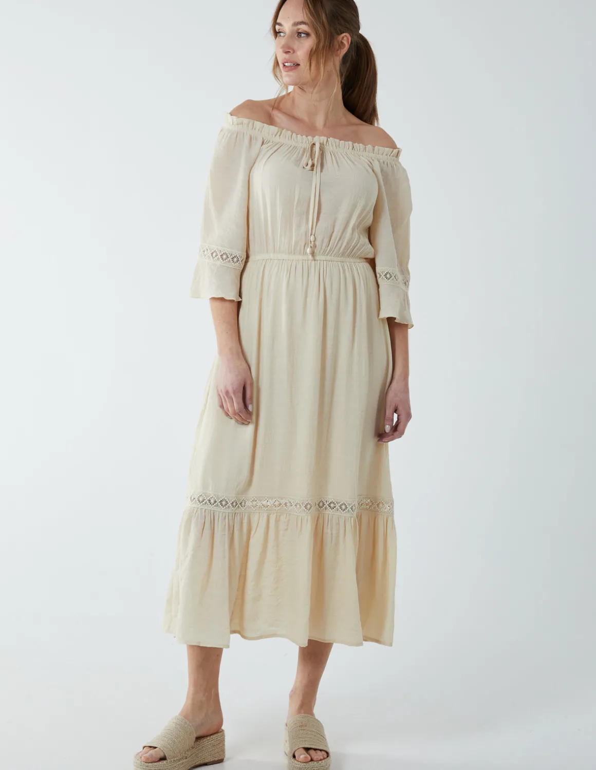 Off Shoulder Elasticated Lace Insert Midi Dress