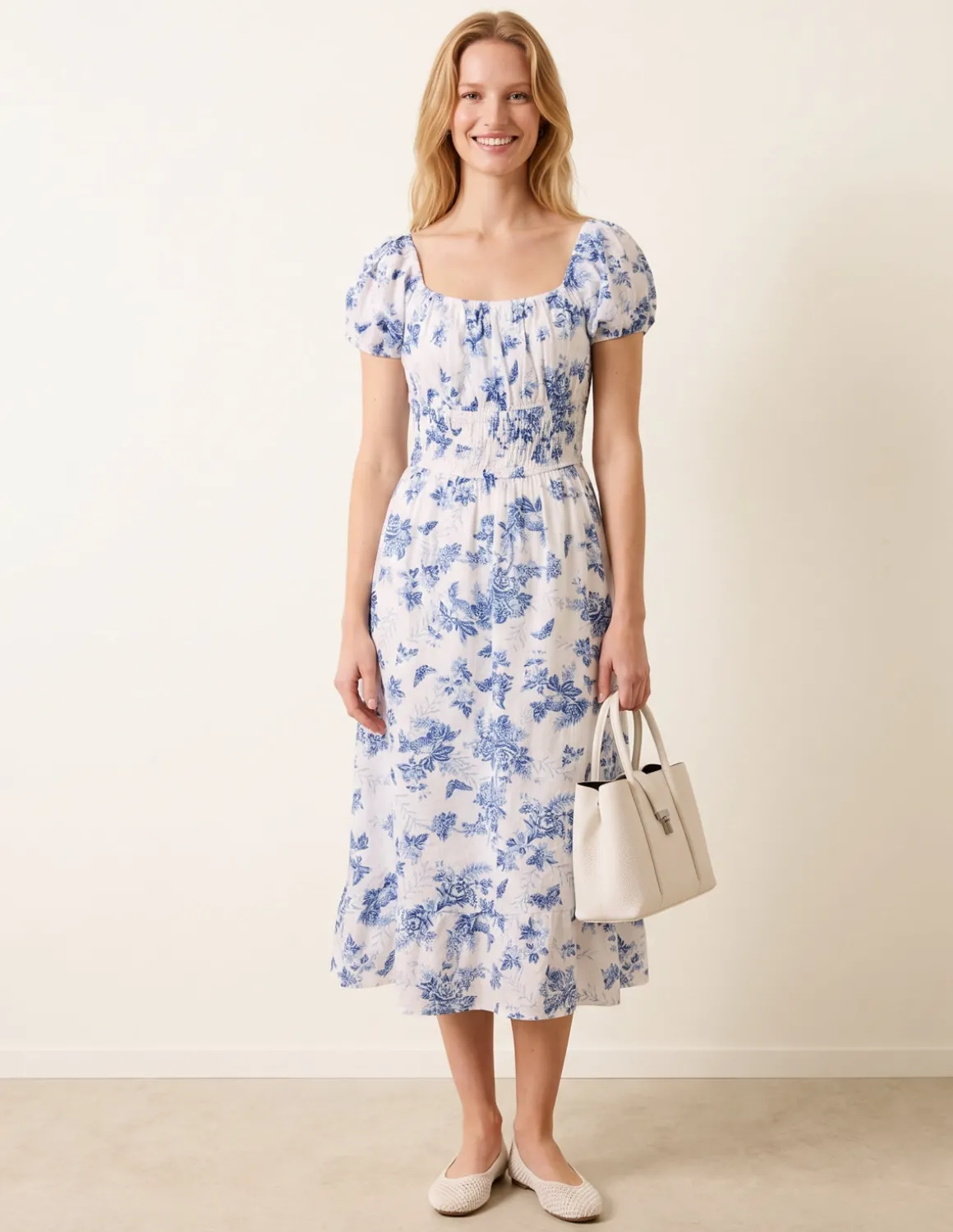 Off The Shoulder Puff Sleeve Shirred Print Dress