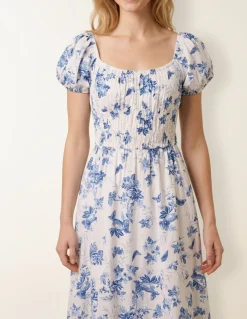 Off The Shoulder Puff Sleeve Shirred Print Dress