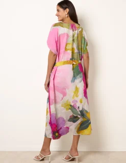 Painterly Floral Tie Waist Midi Dress