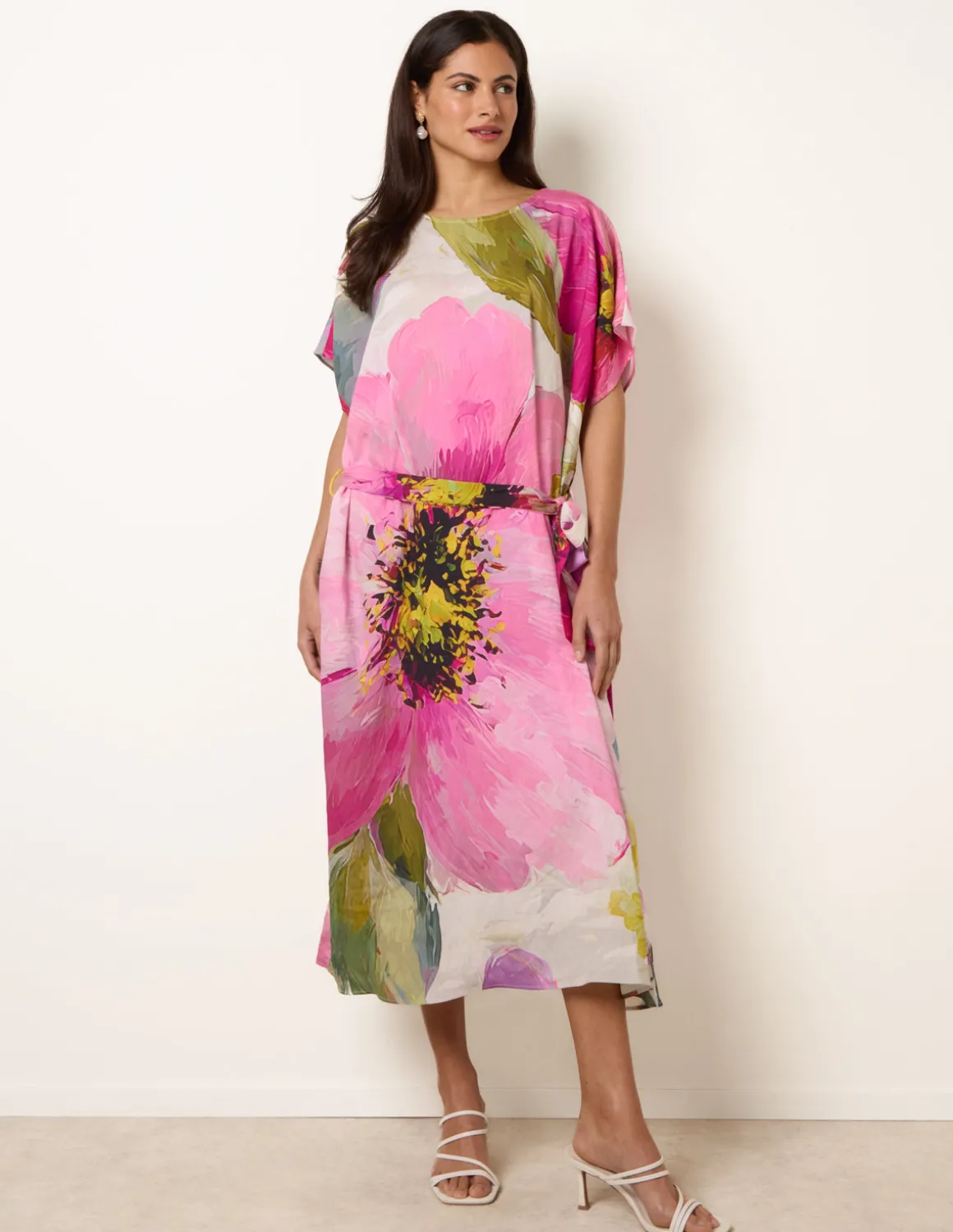 Painterly Floral Tie Waist Midi Dress
