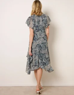 Paisley Print Angel Sleeve Asymmetric Midi Dress