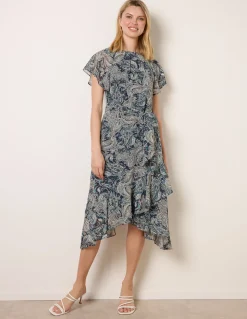 Paisley Print Angel Sleeve Asymmetric Midi Dress