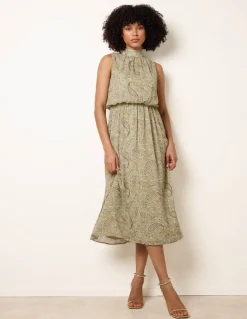 Paisley Print Rhinestone High Neck Midi Dress