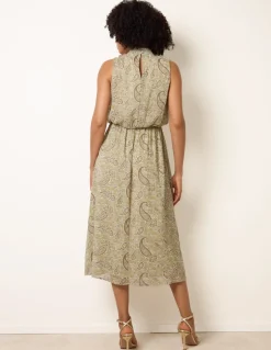Paisley Print Rhinestone High Neck Midi Dress