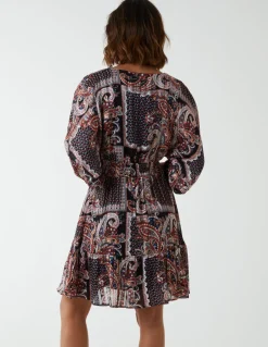 Paisley Wrap Front Pleated Kimono Sleeve Dress