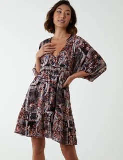 Paisley Wrap Front Pleated Kimono Sleeve Dress