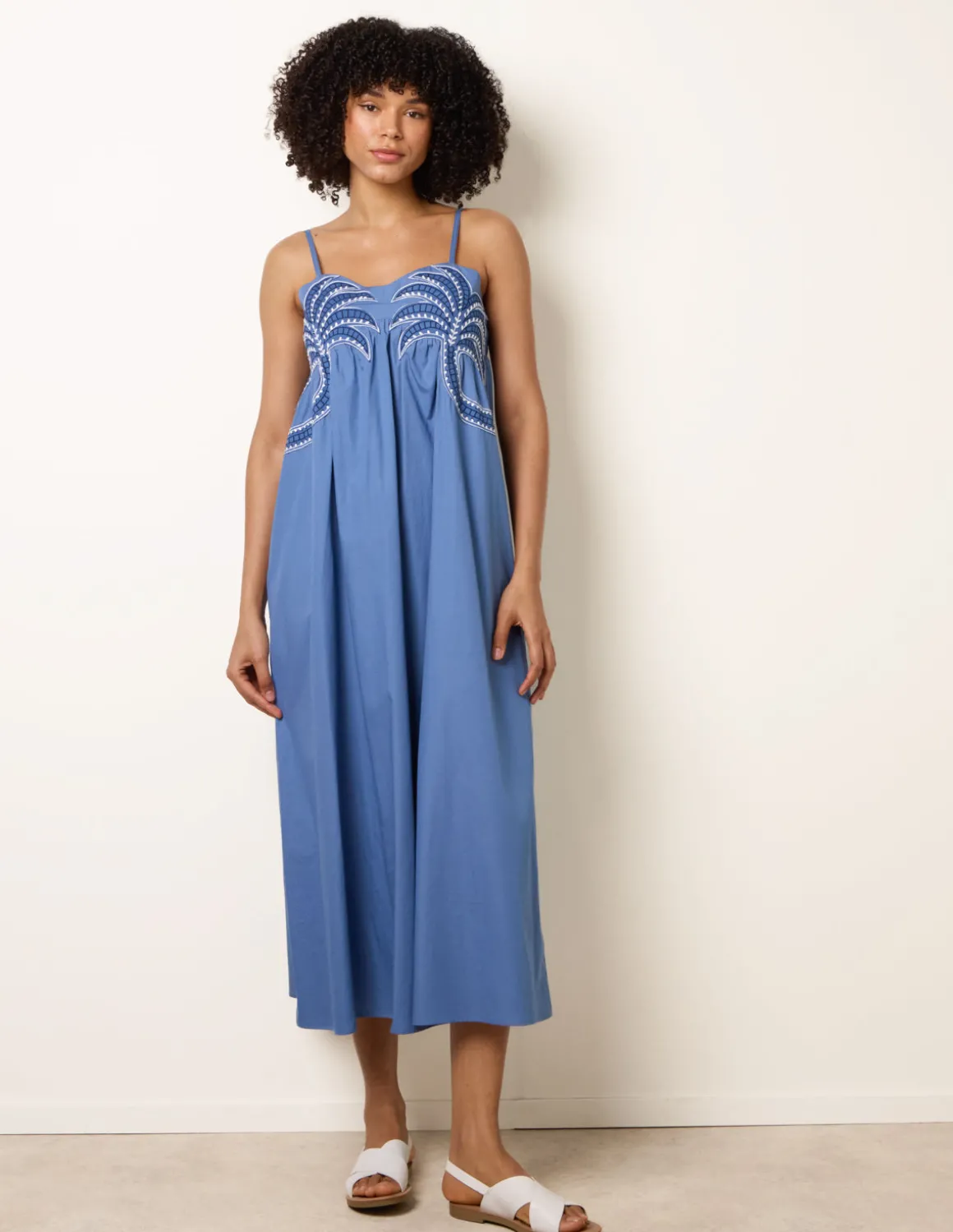 Palm Tree Embroidery Smock Dress