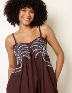 Palm Tree Embroidery Smock Dress