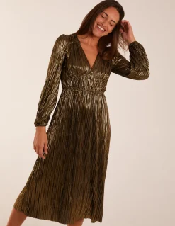 Plisse V-Neck Elasticated Midi Dress