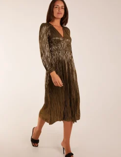 Plisse V-Neck Elasticated Midi Dress