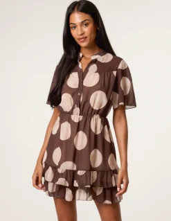 Polka Dot Button Up Double Frill Short Sleeve Dress