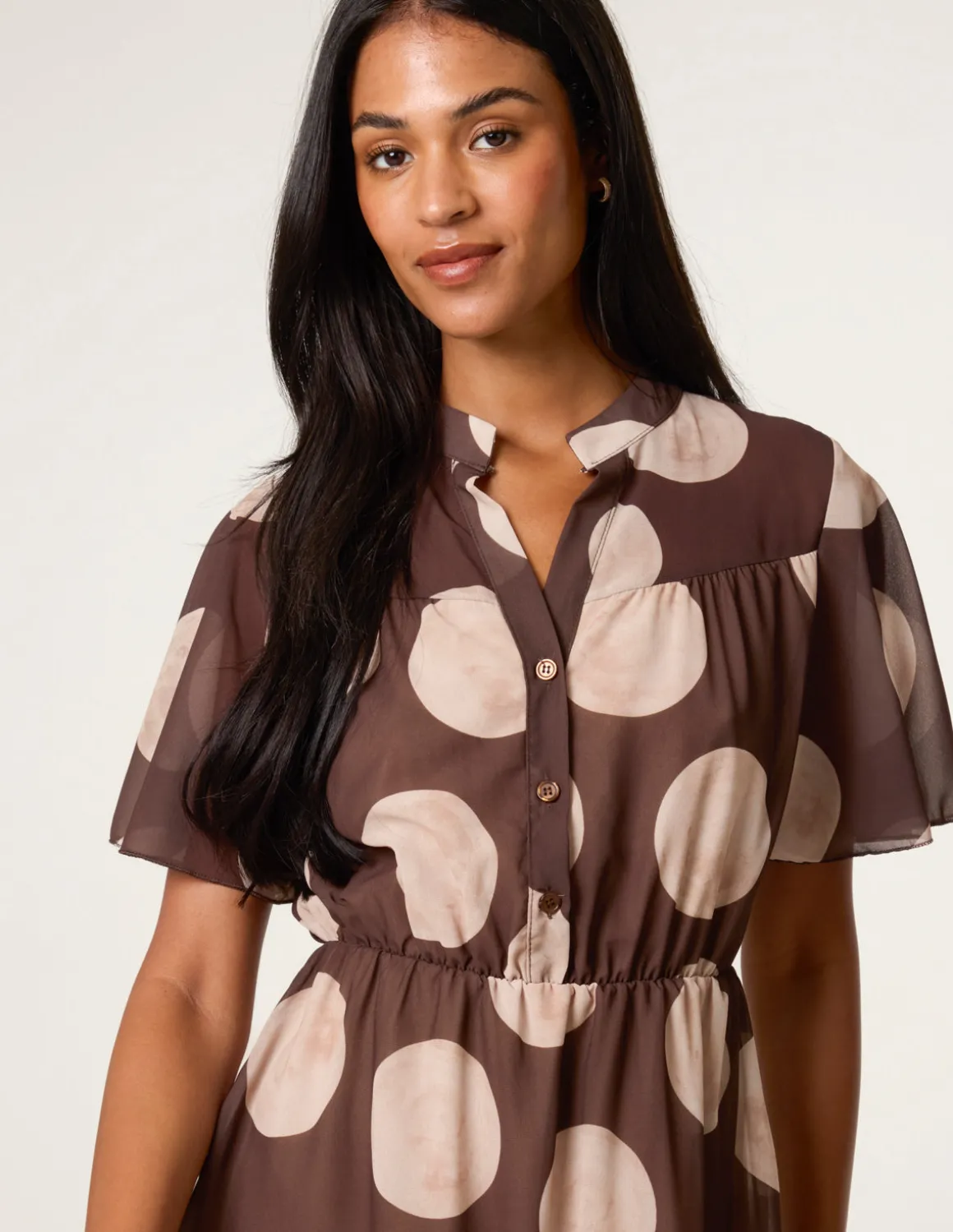 Polka Dot Button Up Double Frill Short Sleeve Dress