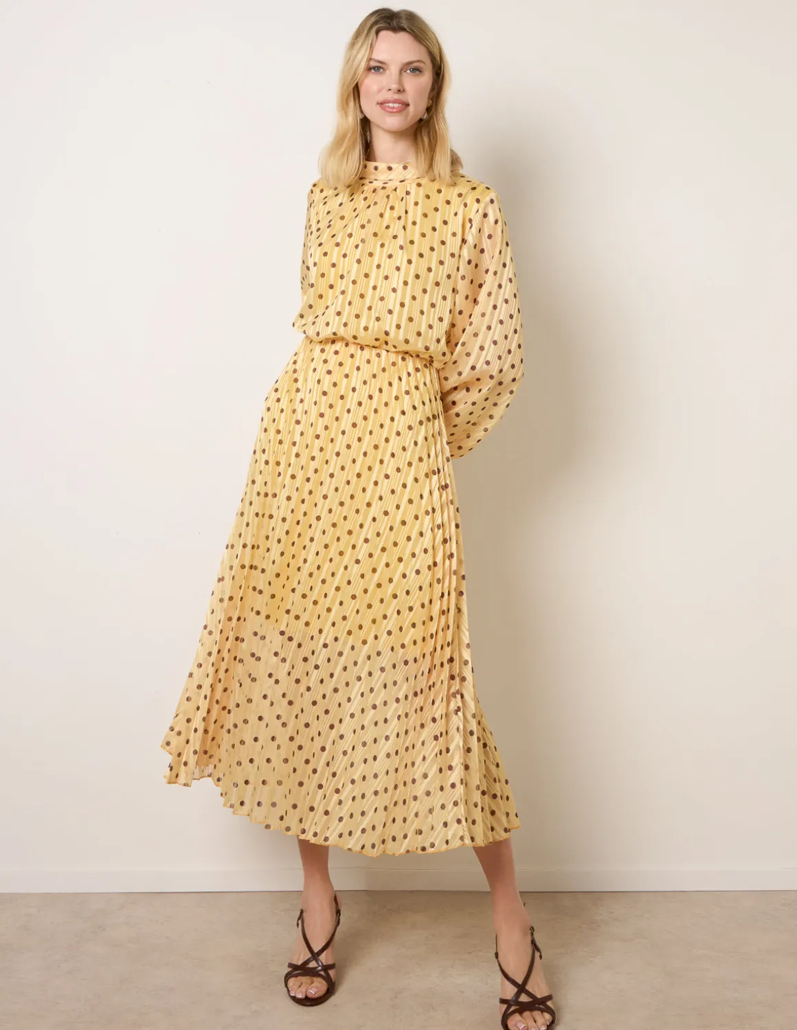 Polka Dot Cowl Neck Pleated Long Sleeve Dress