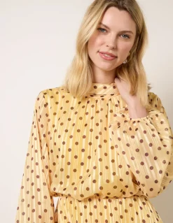 Polka Dot Cowl Neck Pleated Long Sleeve Dress