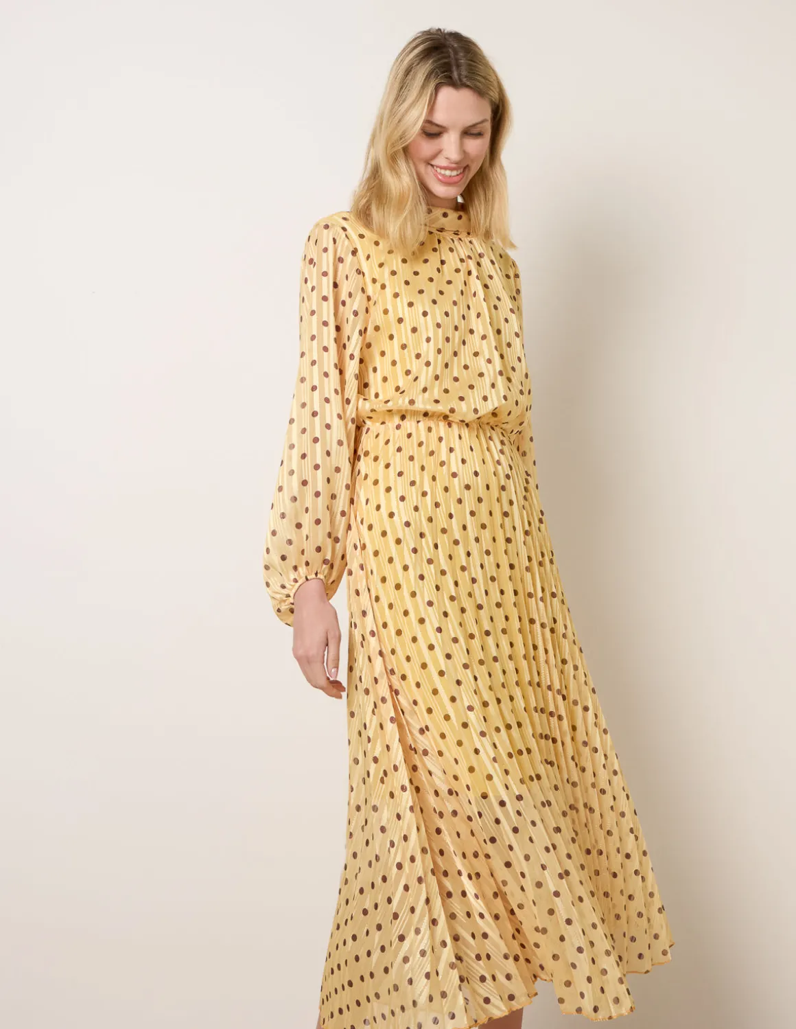 Polka Dot Cowl Neck Pleated Long Sleeve Dress