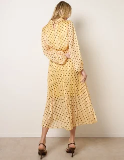 Polka Dot Cowl Neck Pleated Long Sleeve Dress