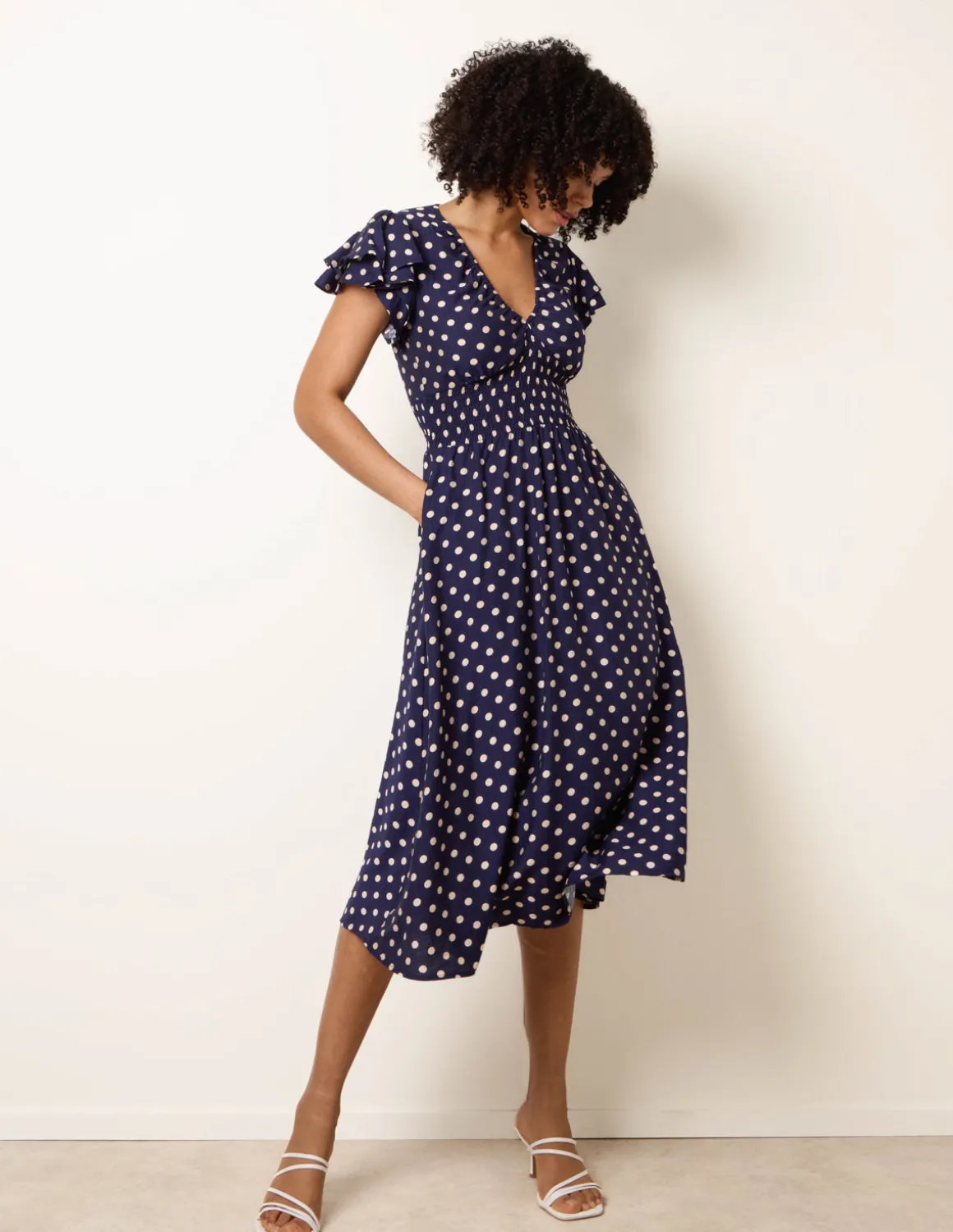 Polka Dot Elastic V Neck Midi Dress