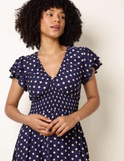 Polka Dot Elastic V Neck Midi Dress