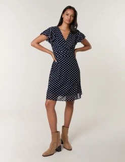 Polka Dot Mesh Frill Sleeve Wrap Dress With Tie Waist