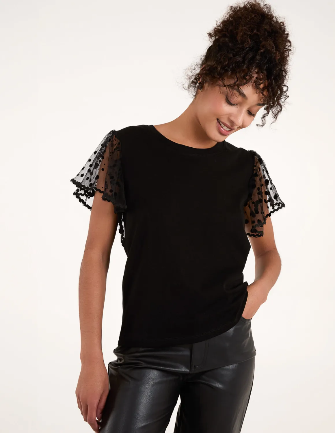 Polka Dot Mesh Sleeve T-shirt