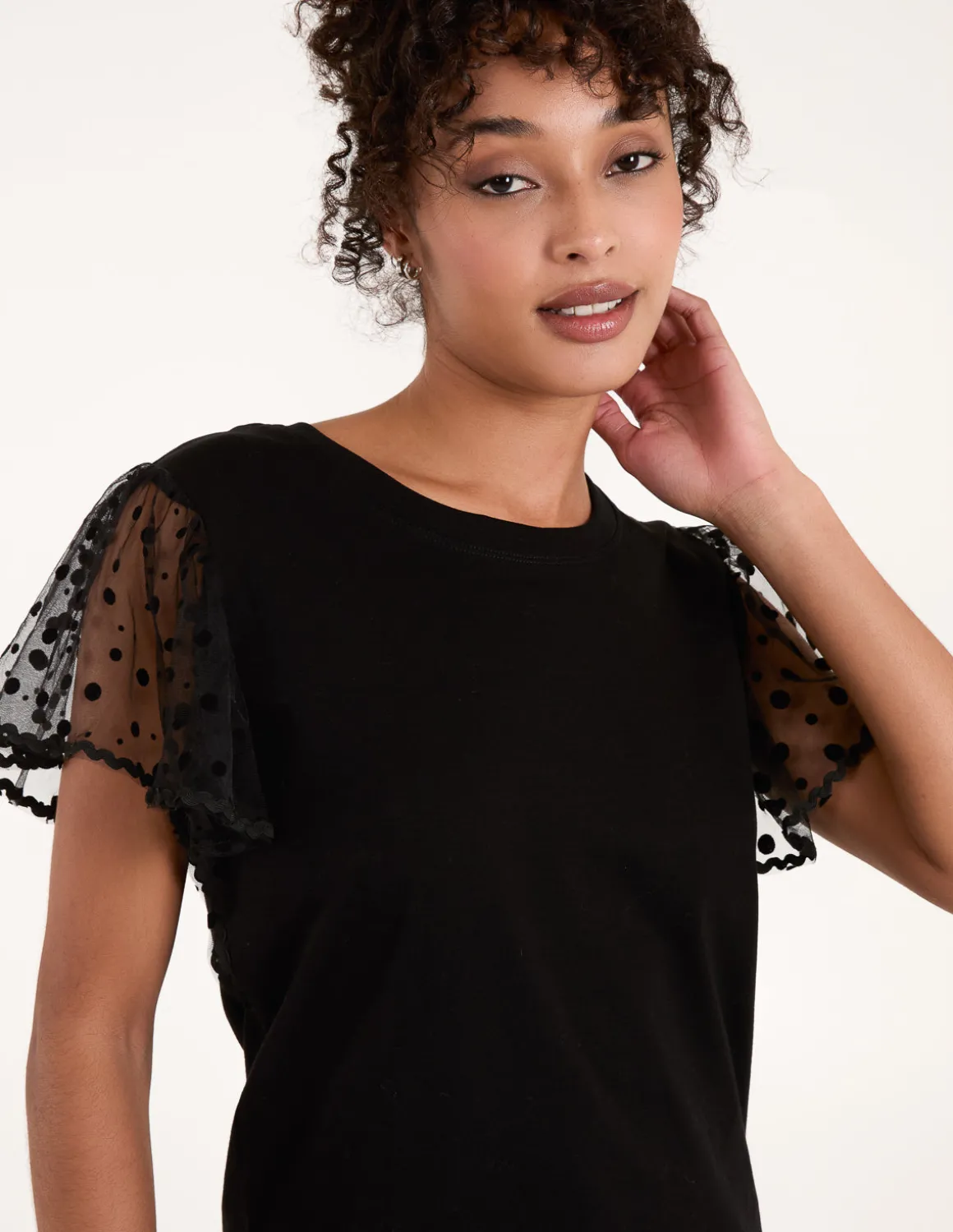 Polka Dot Mesh Sleeve T-shirt