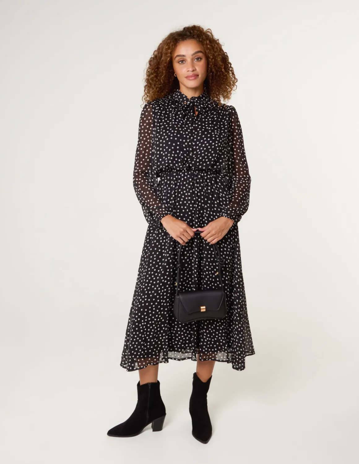Polka Dot Tie Neck Midi Dress
