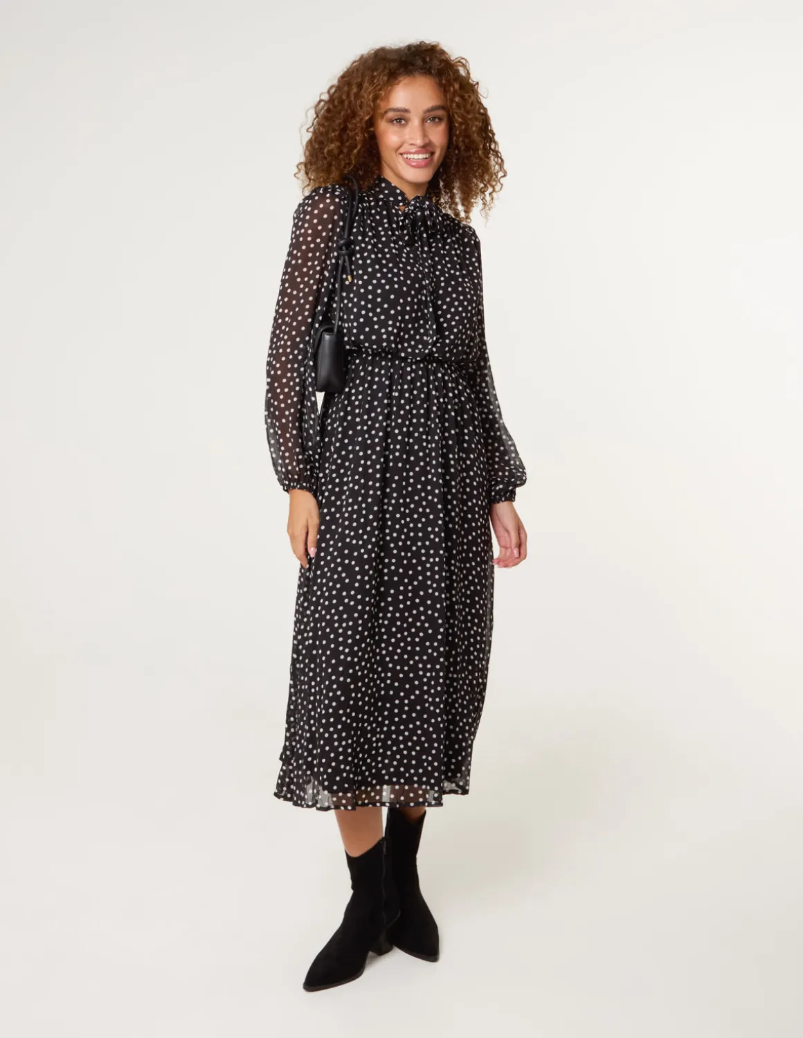 Polka Dot Tie Neck Midi Dress
