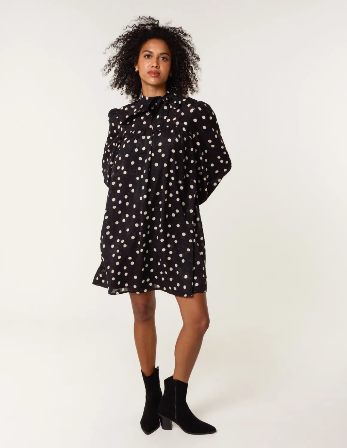 Polka Dot Tie Neck Smock Dress