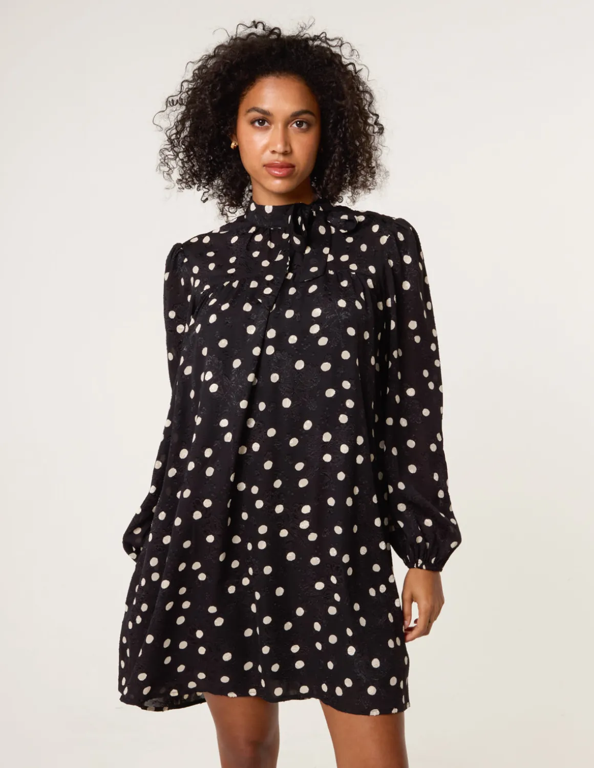 Polka Dot Tie Neck Smock Dress