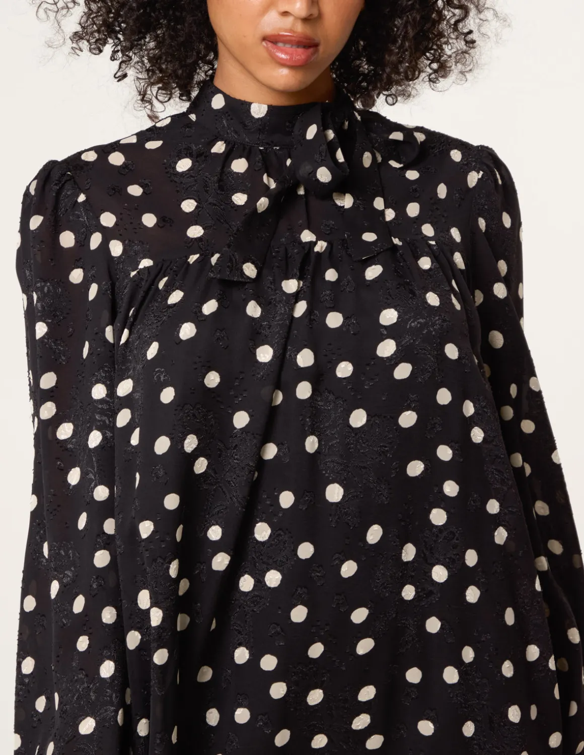 Polka Dot Tie Neck Smock Dress
