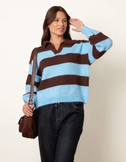 Polo Collar Striped Long Sleeve Jumper