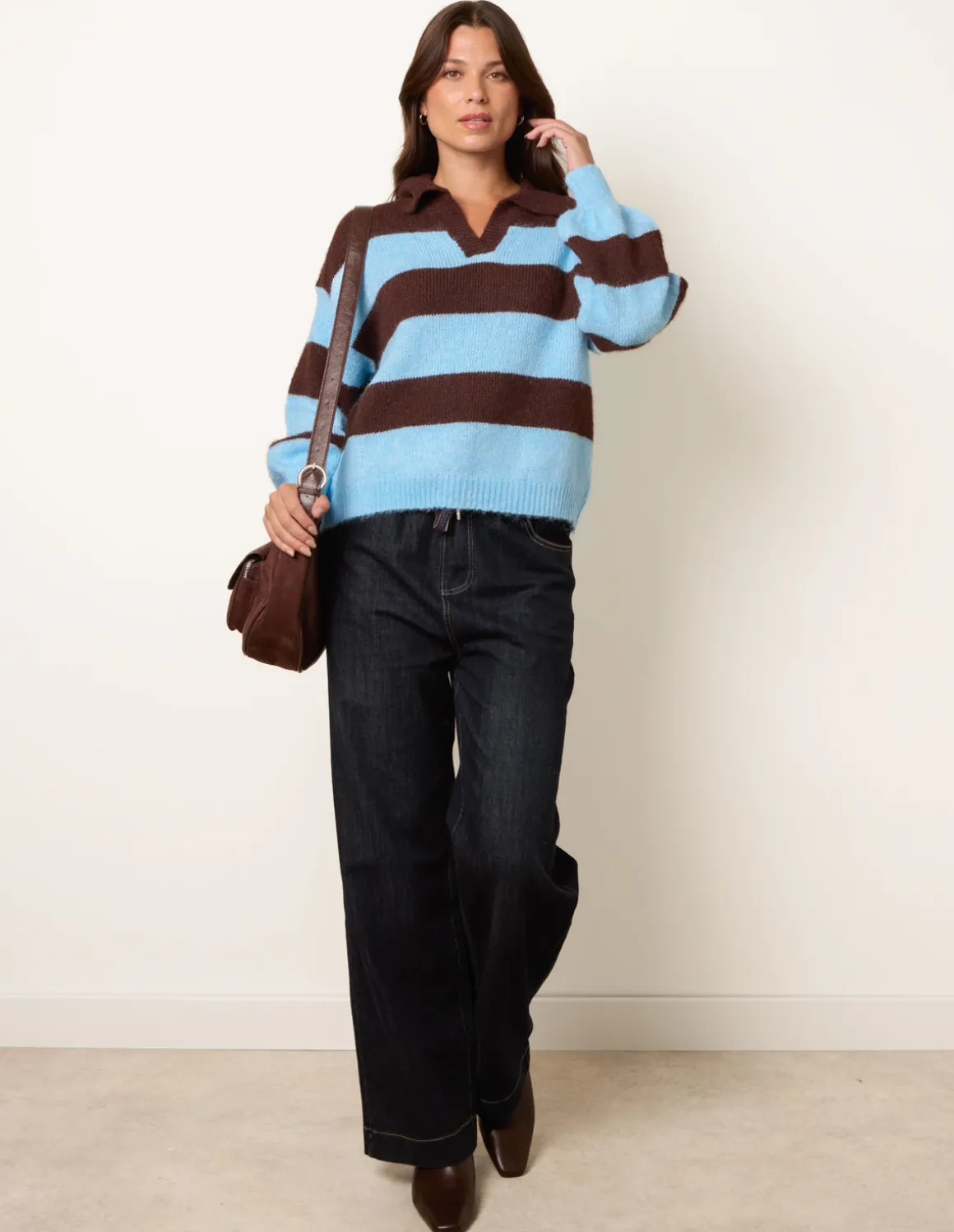 Polo Collar Striped Long Sleeve Jumper