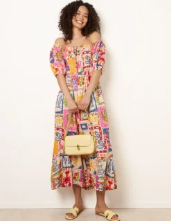 Postcard Tie Front Bardot Shirred Midi Dress