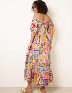 Postcard Tie Front Bardot Shirred Midi Dress