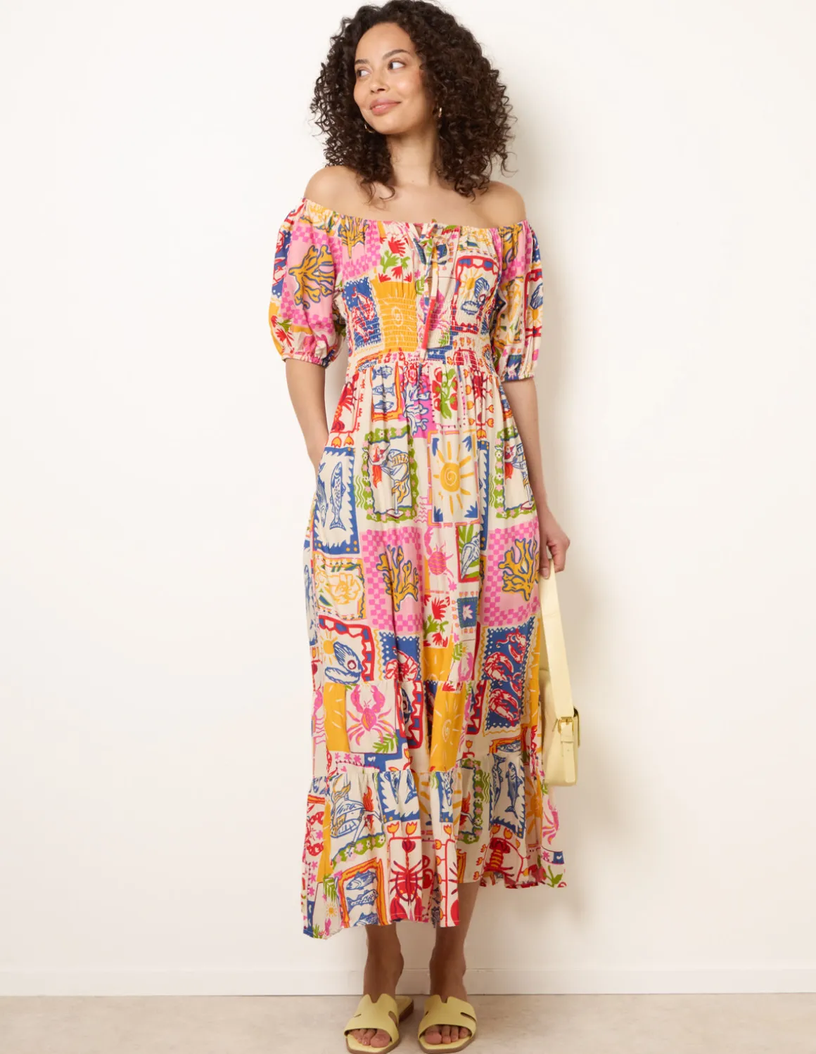 Postcard Tie Front Bardot Shirred Midi Dress
