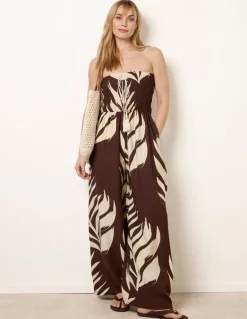 Printed Bandeau Tie Neck Shirred Jumpsuit