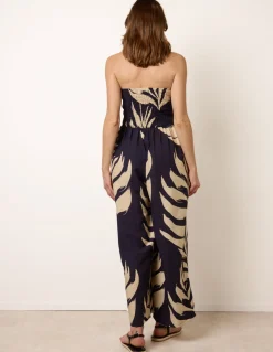 Printed Bandeau Tie Neck Shirred Jumpsuit