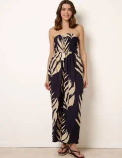 Printed Bandeau Tie Neck Shirred Jumpsuit