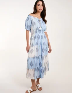 Printed Bardot Tassel Midi Dress