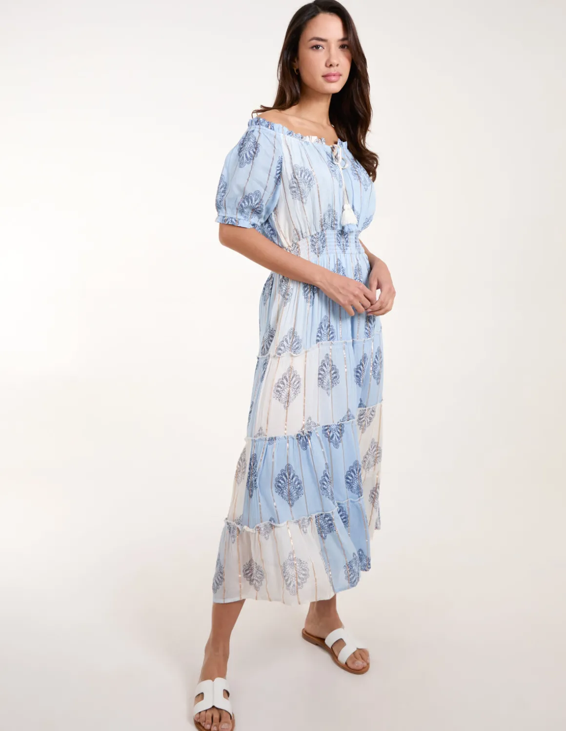 Printed Bardot Tassel Midi Dress