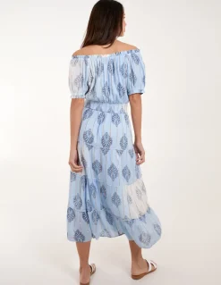 Printed Bardot Tassel Midi Dress