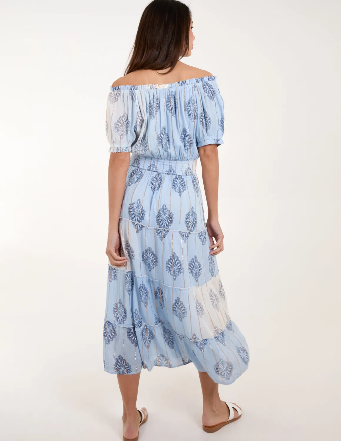 Printed Bardot Tassel Midi Dress