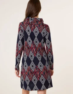Printed Draped Cowl Neck Long Sleeve Dress