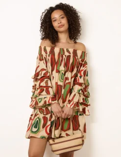 Printed Frill Sleeve Bardot Off Shoulder Tunic Dress